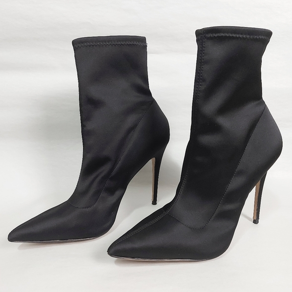 Aldo Shoes - Aldo Black Satin Sock Booties Size 9 Pull-on Ankle High Stiletto Heel Pointy Toe